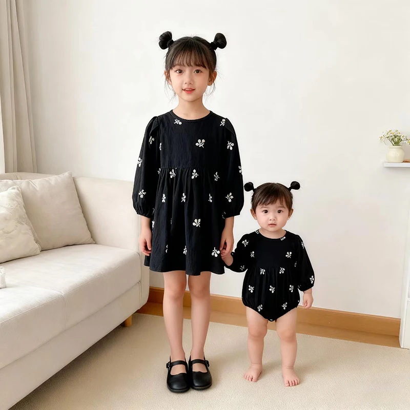 Herbst Neue 0-7Y Schwestern Kinder Kleidung Kinder Kleider Baby Mädchen Prinzessin Strampler Stickerei Baumwolle Druck Schwester Mädchen Party Kleid