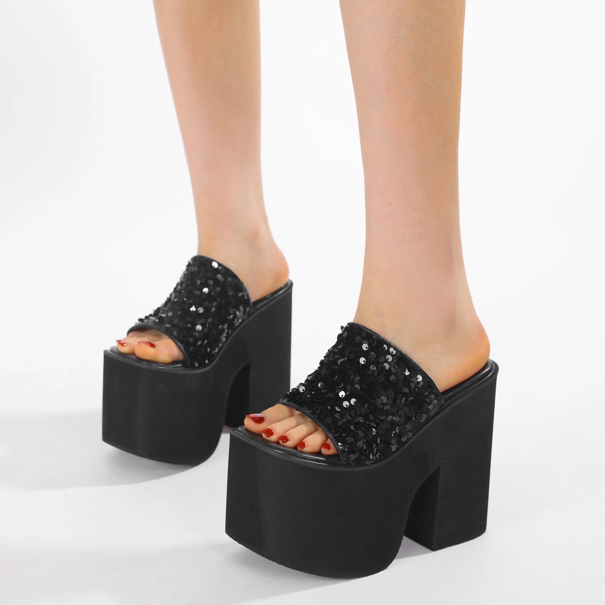 

Gdgydh Wide Foot Chunky Heel Sandals For Women Black Platform Open Toe High Heels Slippers Sequin Shoes Sandalias Mujer Slip On