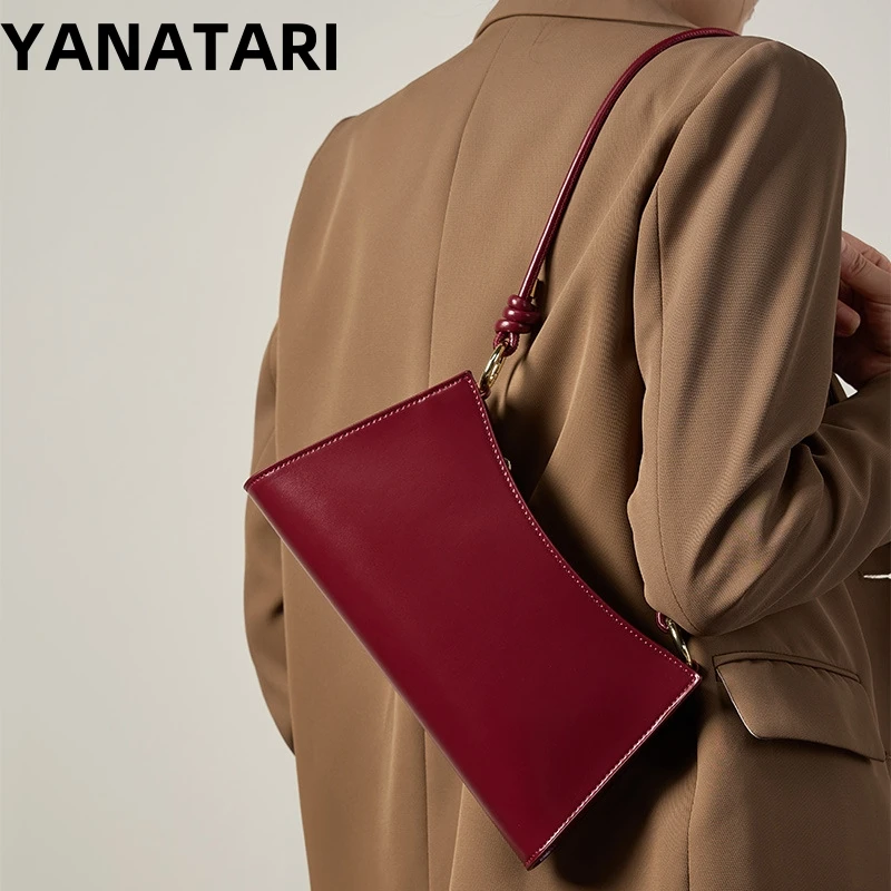 YANATARI underarm cowhide Genuine leather handbags women vintage red shoulder bag female korean luxury bag high quality 2024