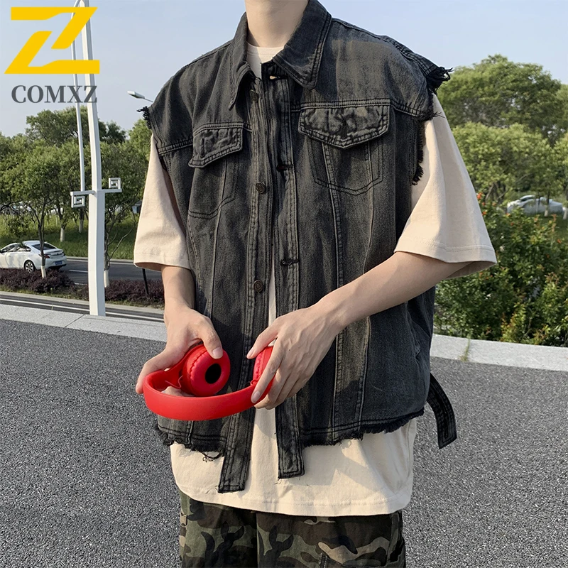 

Denim Gilet Male 2025 Autumn Smoke Gray Oversized Workwear Waistcoat Retro Sleeveless Waistcoat Casual Street Fashion Vests