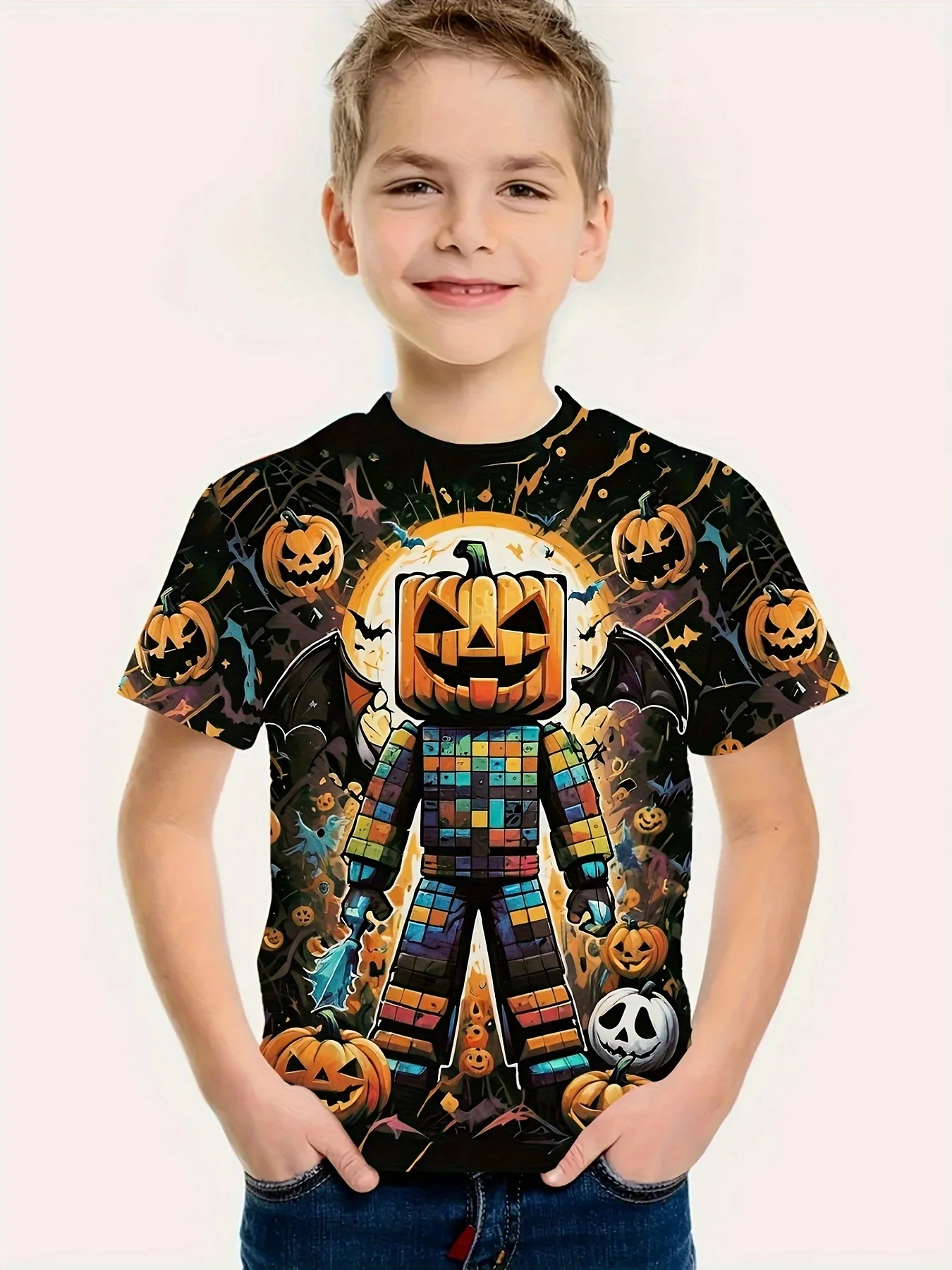 

2025 new fashionable children's casual quick drying short sleeved shirt, 3D printed Halloween mecha pumpkin pattern, daily wear