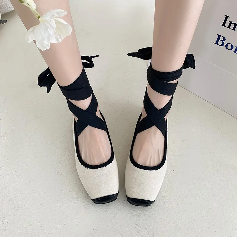 2023Spring New Color Matching Lace up Flat Heel Ballet Shoes Women's Retro Square Toe Flats Mary Jane Shoes