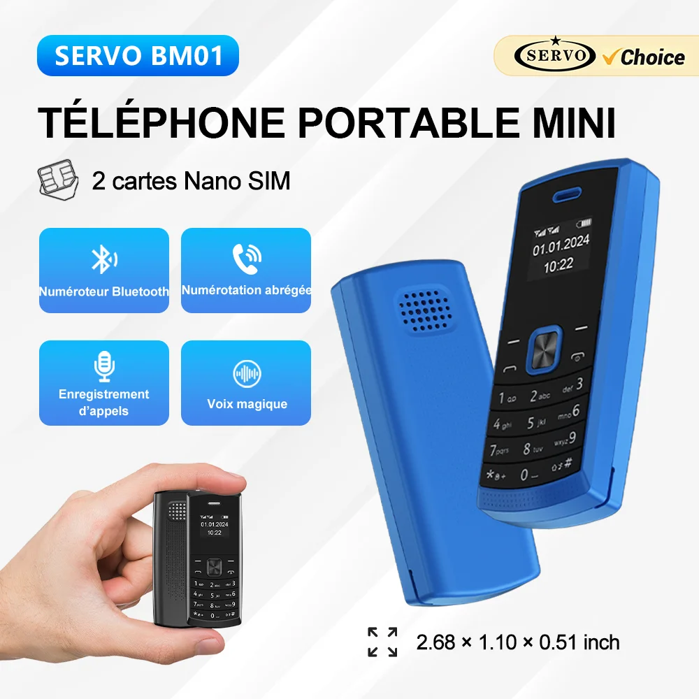SERVO BM01 Mini téléphone portable avec changeur de voix magique, 2G GSM, numérotation rapide, Bluetooth, enregistrement des appels, double SIM, petit téléphone mobile