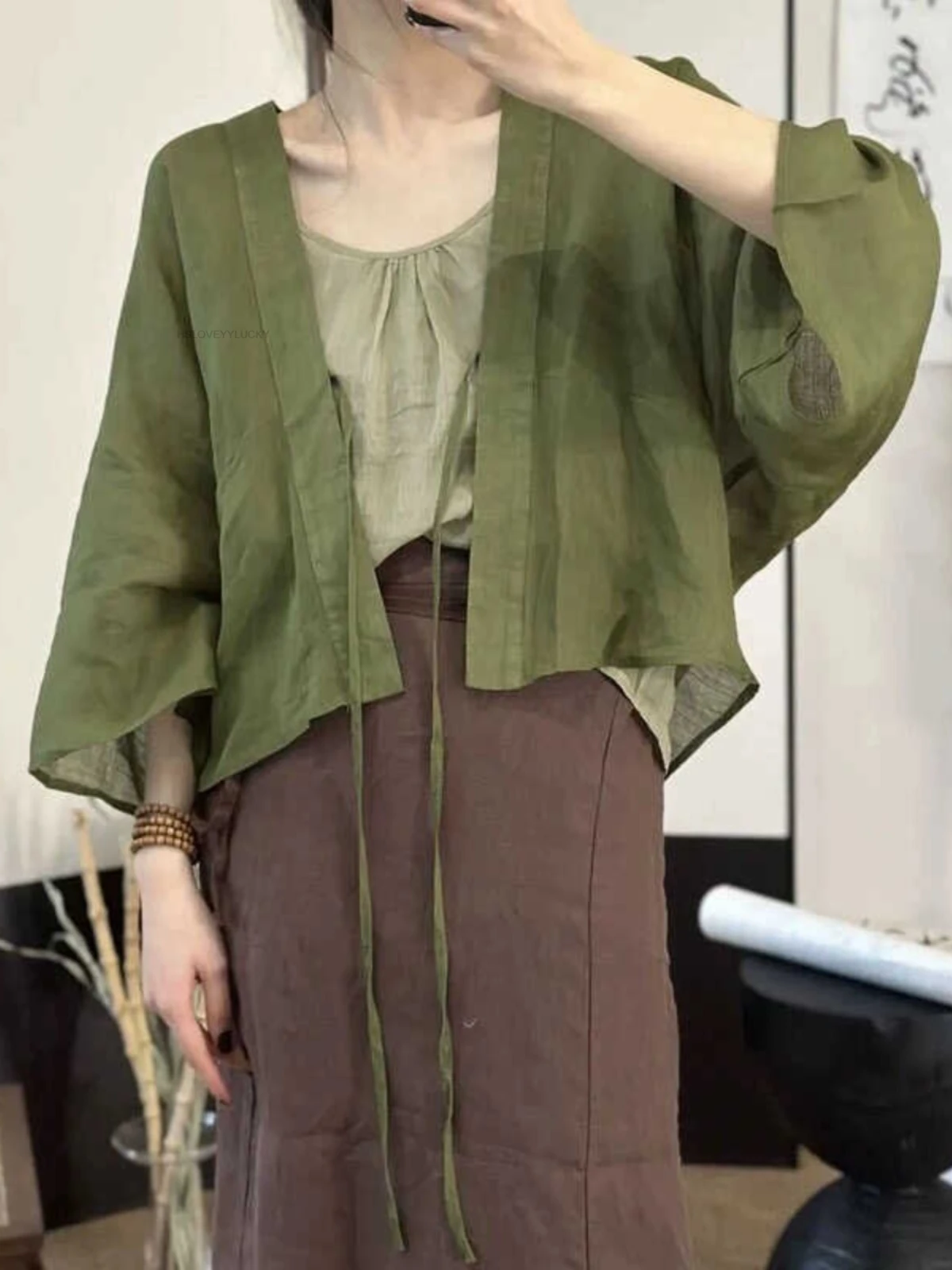 

Summer Chinese Style Tangsuits Top Cotton And Linen Thin Cardigan With Belt Hanfu Top Solid Color Oriental Style Blouse