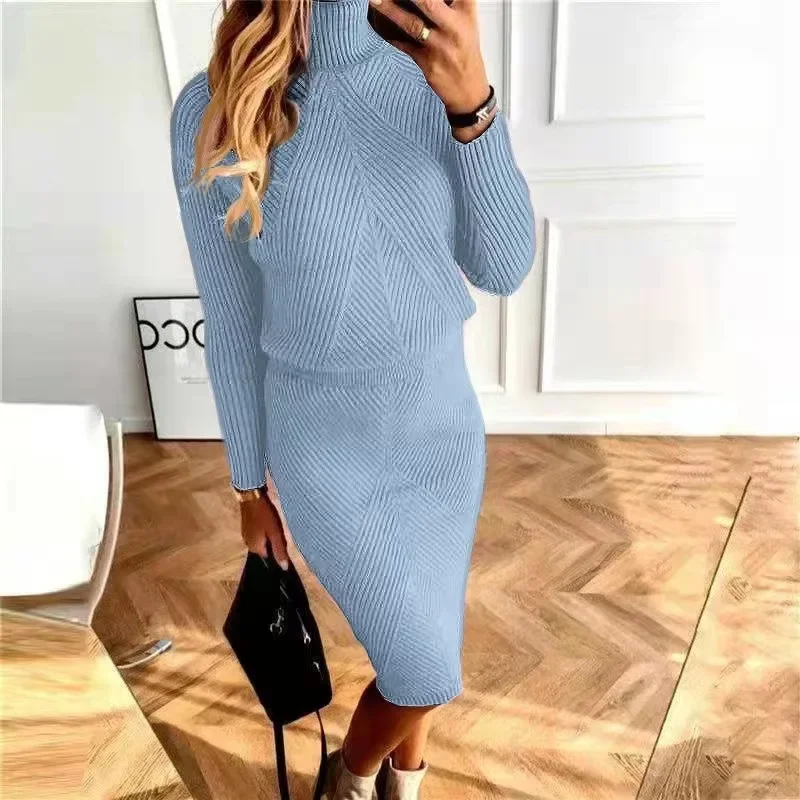 2024 Autumn Winter Women\'s Knitting Costume Turtleneck Solid Color Pullover Sweater Slim Skirt Two-Piece Set Female Warm Suits