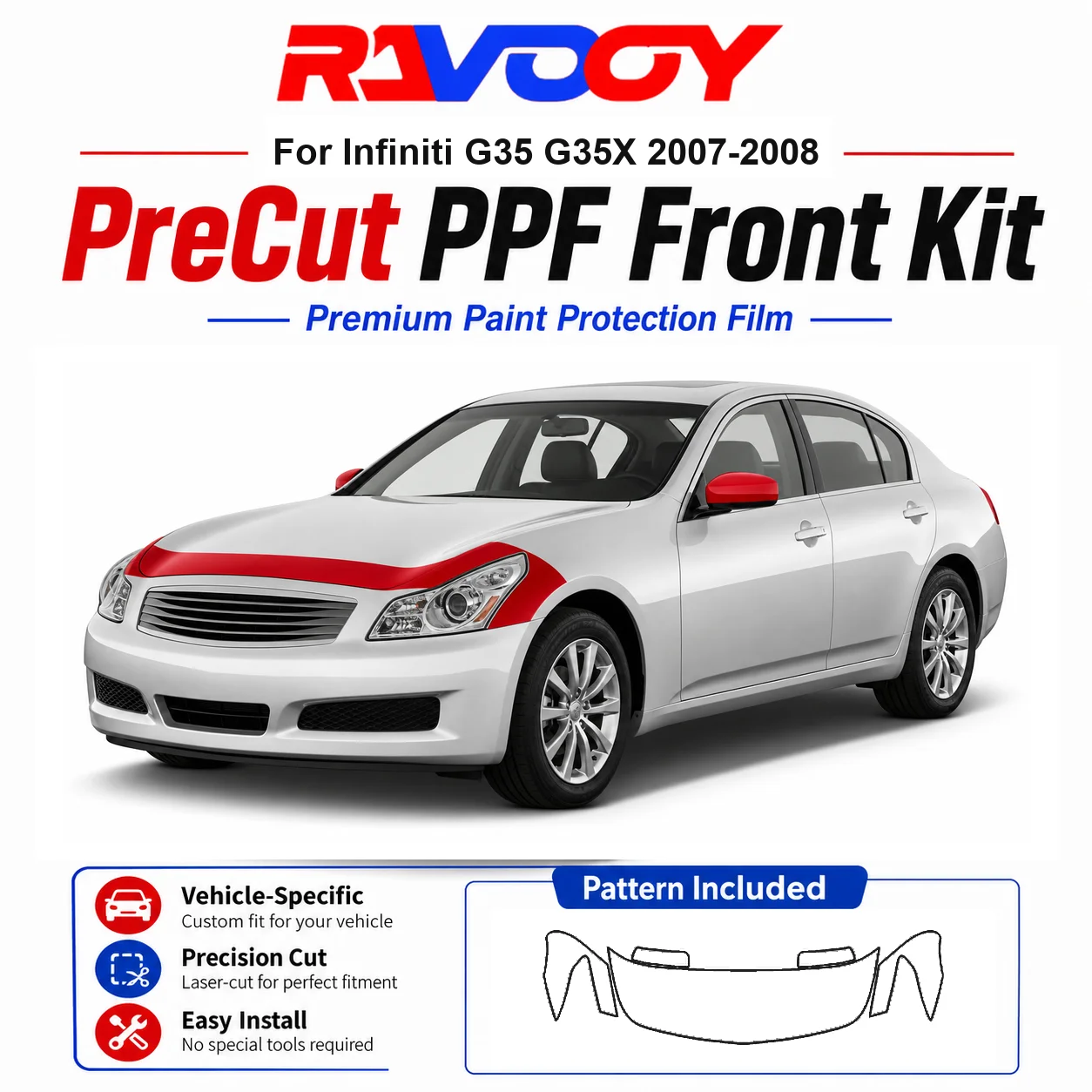 

8.5mil TPU Precut PPF Kit For Infiniti G35 G35X 2007-2008 - Hood, Fenders & Mirror Set - Self-Healing Clear Bra Film
