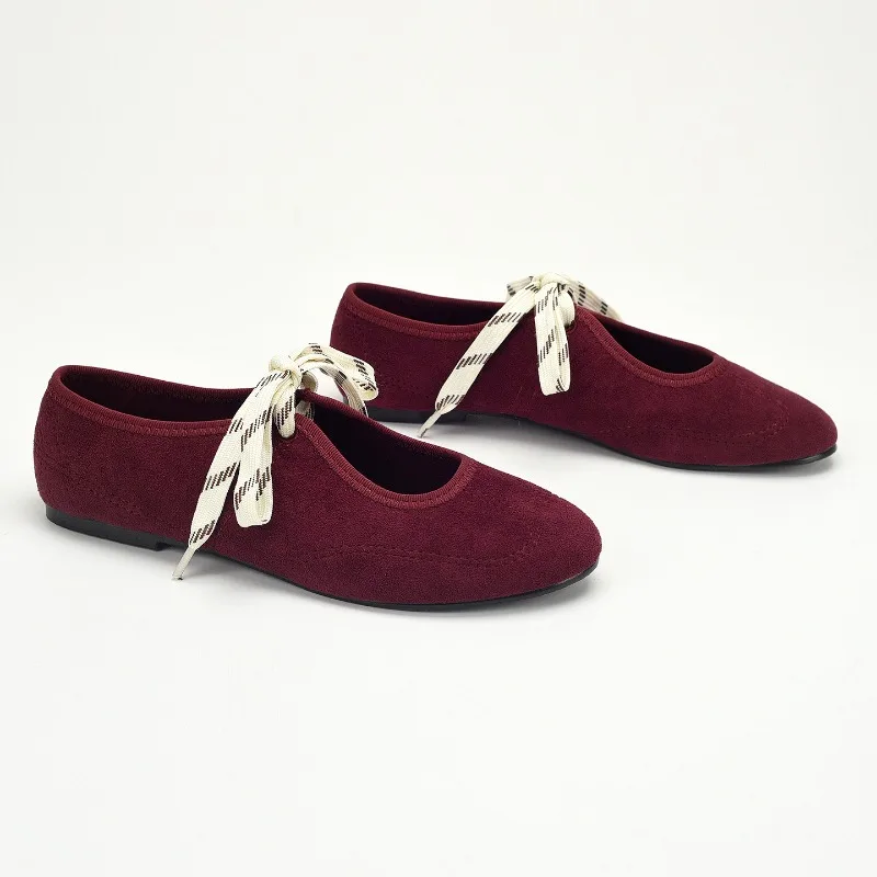 Casual Lace Up Red Ballet Flats Shoes for Women Comfortable Cloth Mary Janes Footwear Spring Autumn Round Toe Ladies Loafers view 4