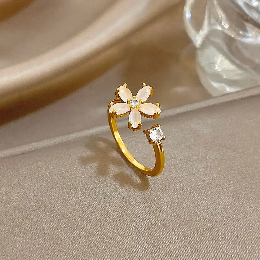 DODOHAO أنيقة الذهب اللون الفولاذ المقاوم للصدأ المفصل الدائري المرأة رائعة الزركون زهرة قابل للتعديل حلقة مفتوحة هدايا مجوهرات الأزياء