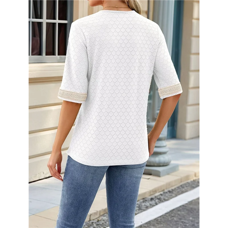 

A83F-Womens Trendy Lace Crochet V-Neck Top 3/4 Sleeve Solid Oversized Shirts Hollow Out Mesh Tunic Blouse