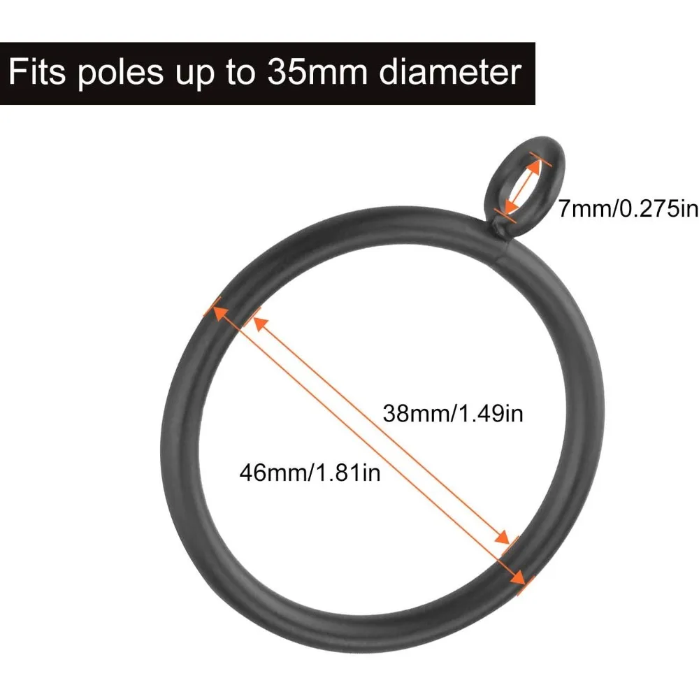 24Pcs 38mm Matte Black Metal Curtain Rings Smooth Glider Drapery Pole Rod Hanging Rings Window Hardware Fit 35mm Rod