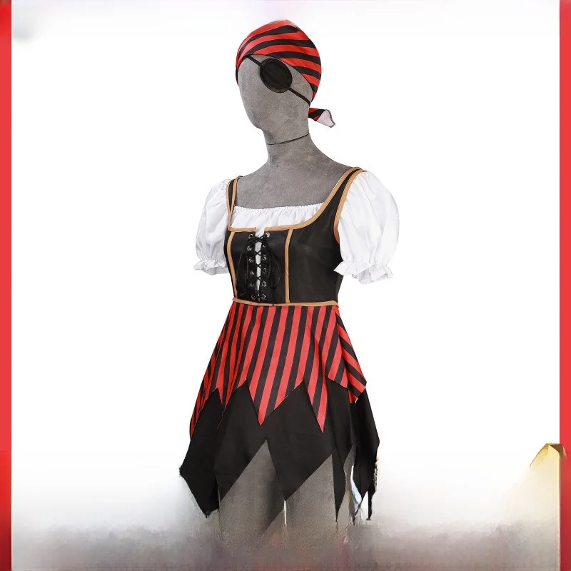 

Women's loween Performance Costume Pirate Sle Red And Bla Striped Outfit Fem Pirate Fancy Dr