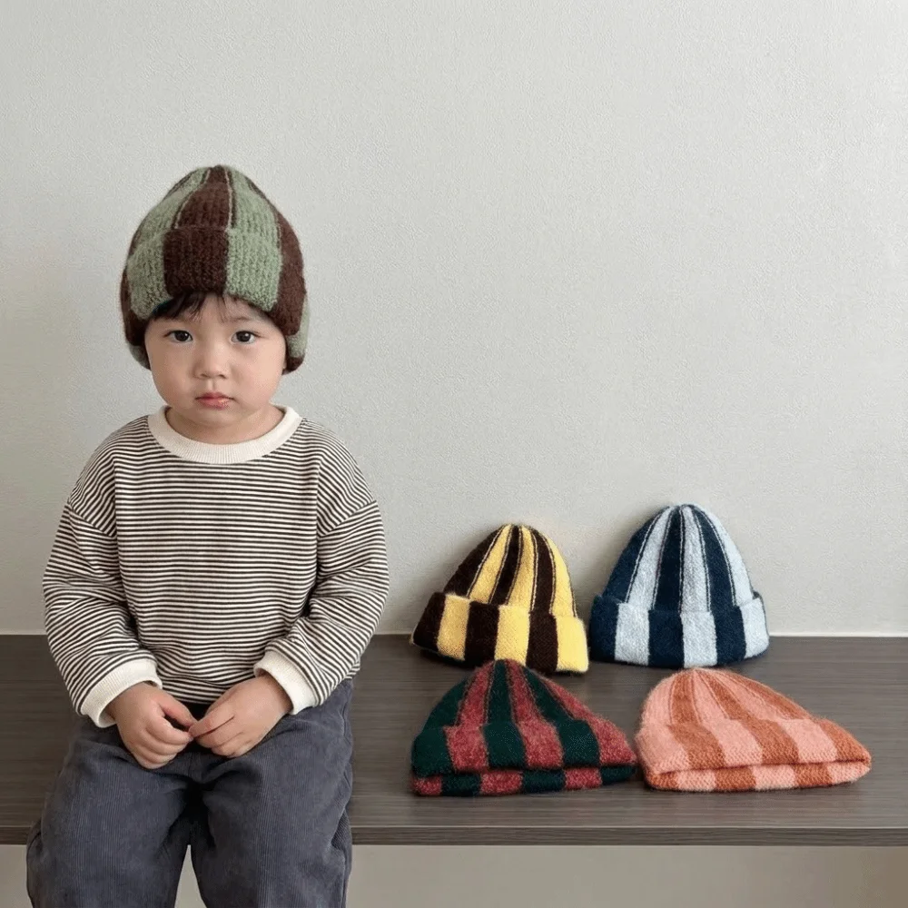 Cute Patchwork Striped Beanie Hat Color Blocked Thick Knitted Cap Watermelon Hat Thermal Children Warm Hat Cycling