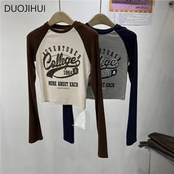 DUOJIHUI Spring Chic Letter Printing Simple Slim Female T-shirts Basic Long Sleeve Contrast Color Fashion Casual Women T-shirts