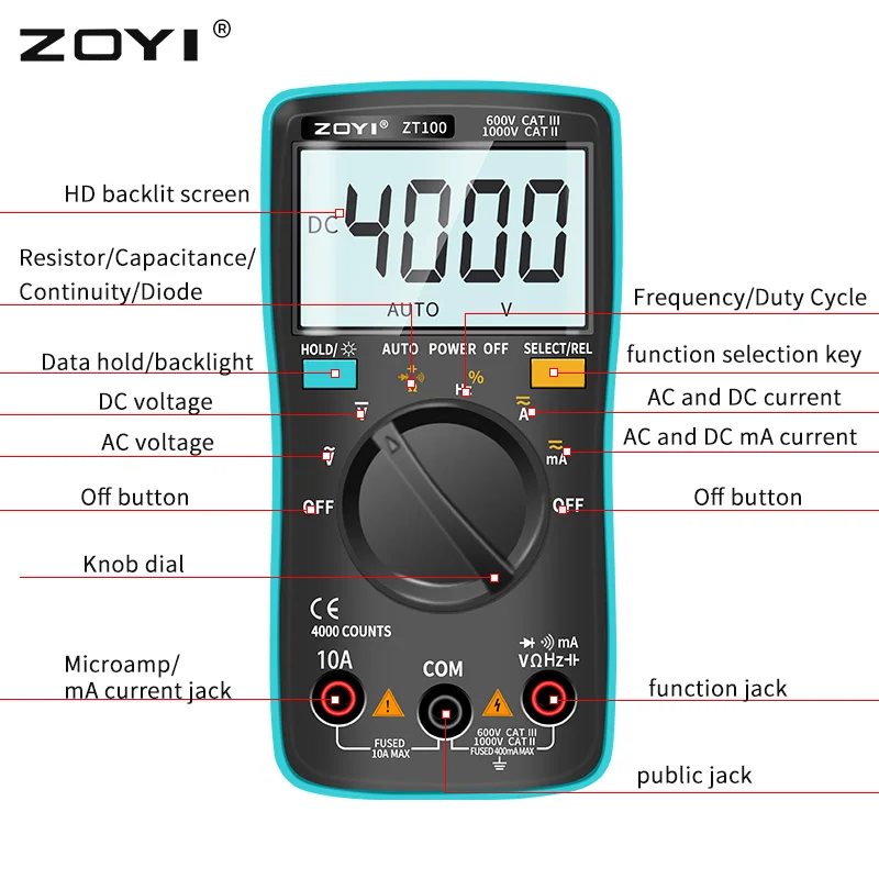 Digital Multimeter ZT100 4000 counts DC/AC Voltage Current Capacitance Hz Diode Ohm tester Ammeter Voltmeter Backlight