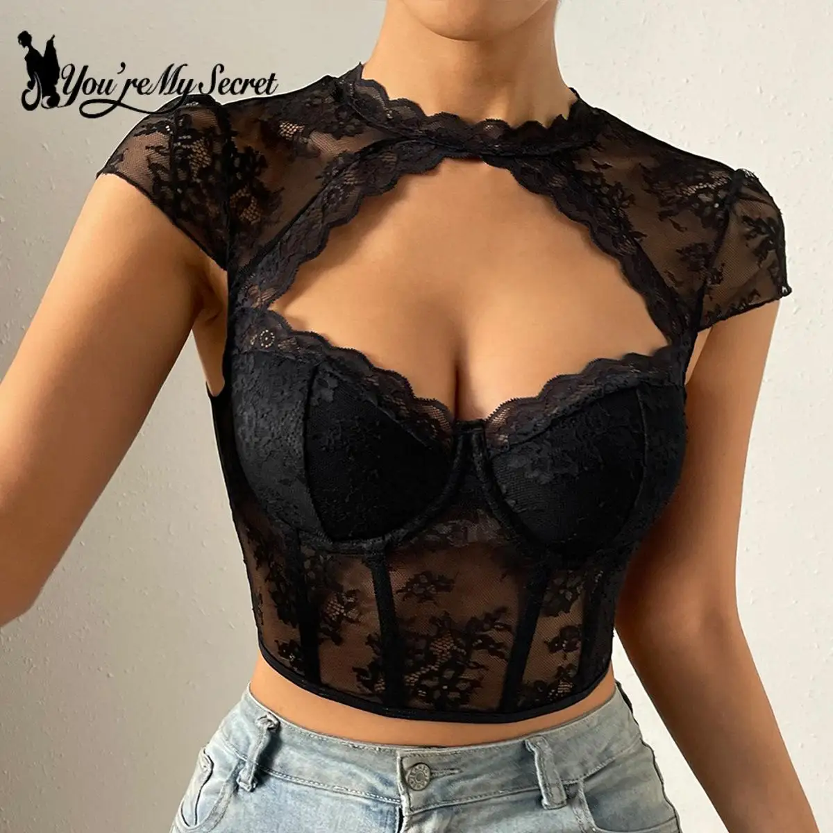 

[You're My Secret] New Round Neck Lace Sexy Hollow Steel Ring Fishbone Slim Fit Crop Top Sleeveless Y2K Gothic Streetwear