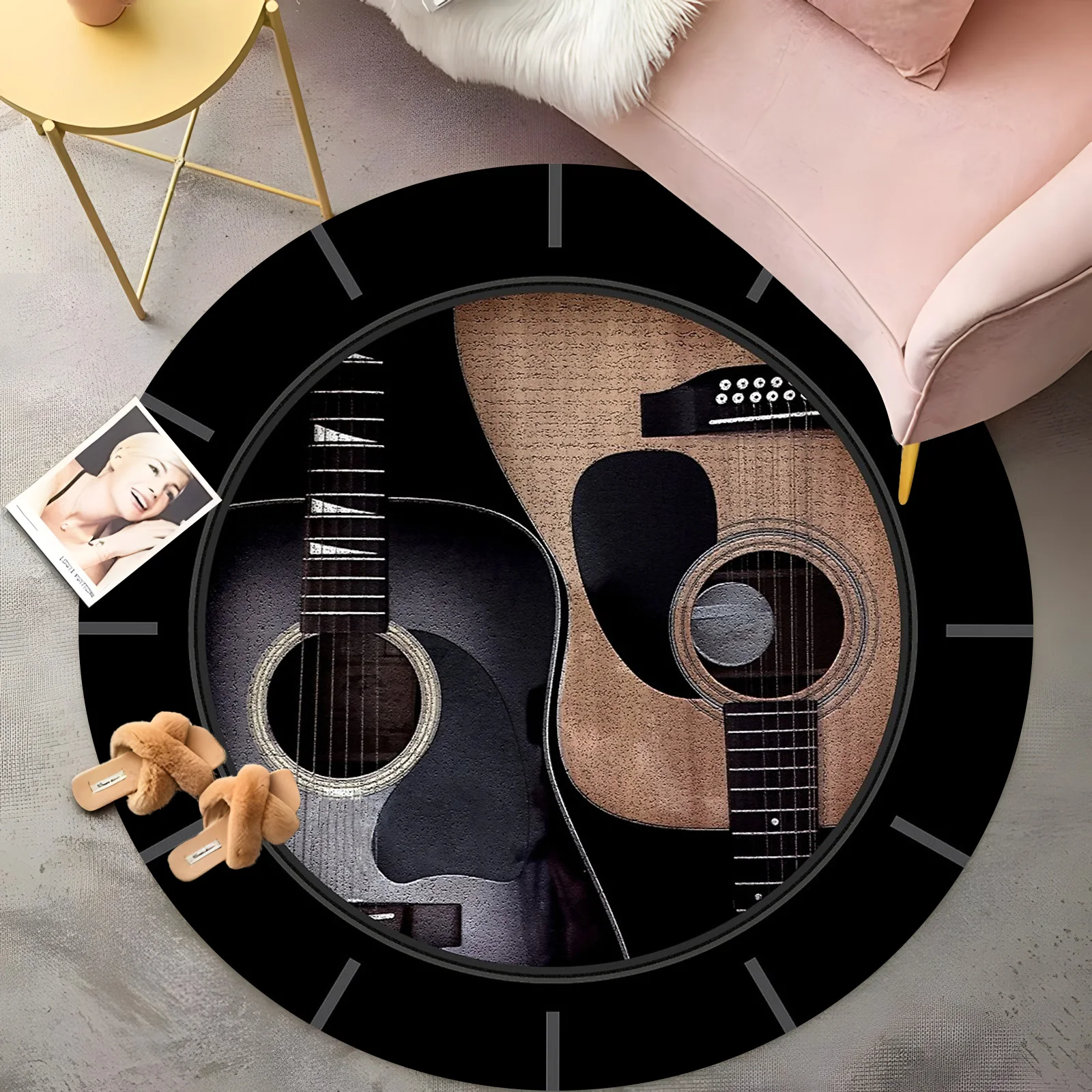 Vintage Guitar Duo Round Rug - Black & Brown Acoustic Design, Bohemian Living Room Carpet, Non-Slip Music Lover Floor Mat