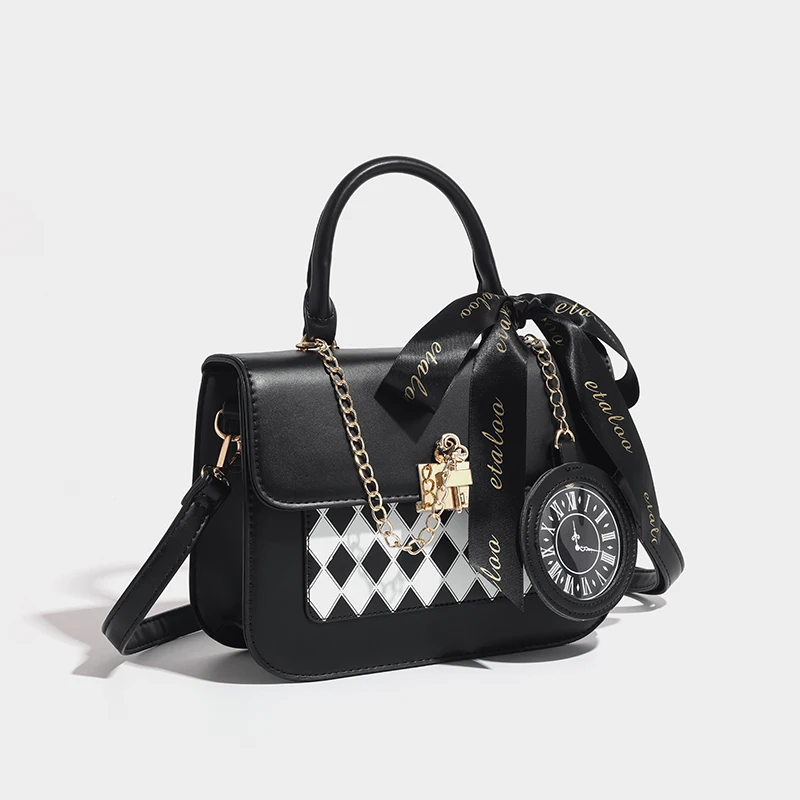 JIAERDI Sweet Bow-knot Handbags Women Japanese Kawaii Lolita Square Crossbody Bags Ladies Chessboard Diamond Grid Black Itabag