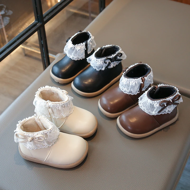 

2025 Winter New Children Pincess Short Boots for Girls Fashion Korean Style Soft Sole Anti-slippery Versatile Elegant Lace Shoes