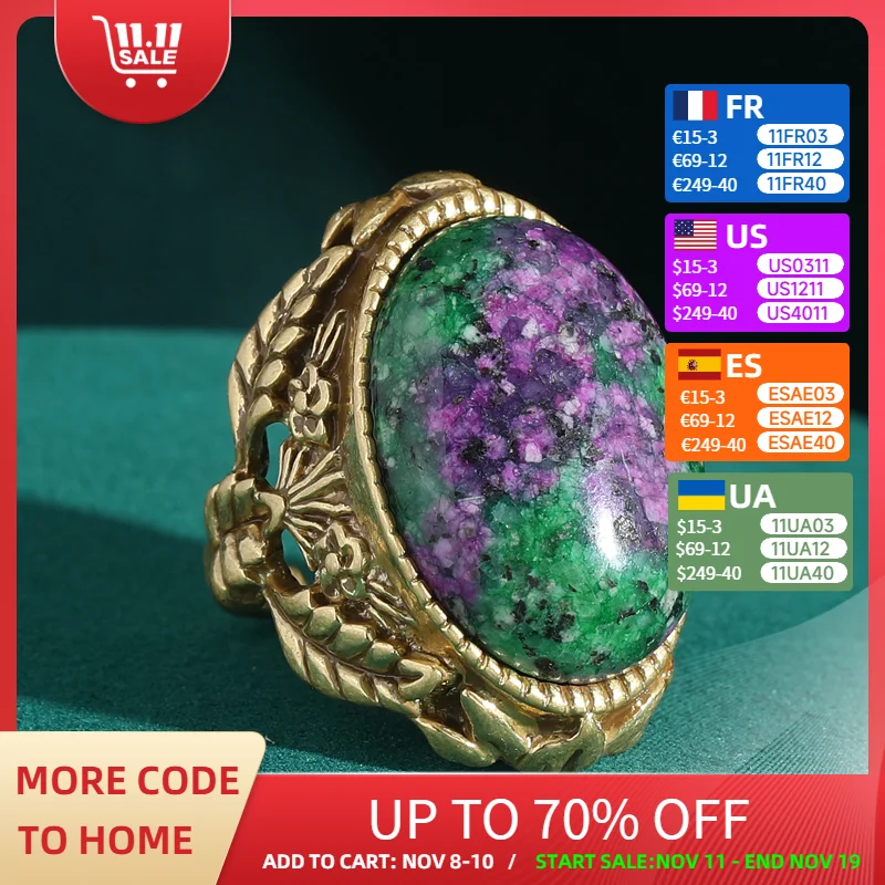

Vintage Big Rings For Woman Stone Natural Purple Green Oval Antique Gold Color Adjustable Accessories Luxury Dubai Jewelry 2025