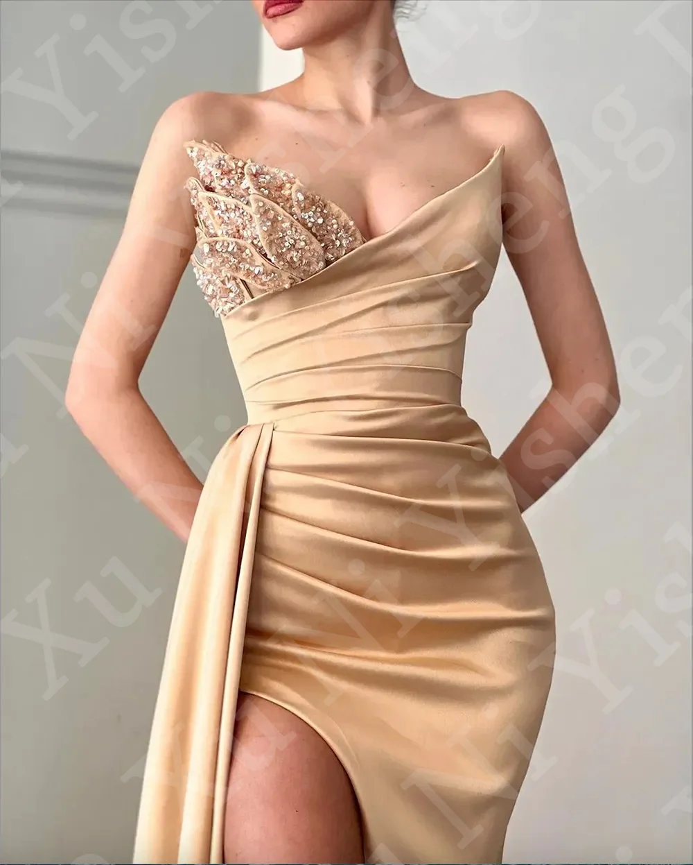 Sexy Satin Meerjungfrau formelle Abendkleid für Frauen Pailletten Falten sexy Seite Split Braut Empfangs kleid lange Hochzeits feier Kleid