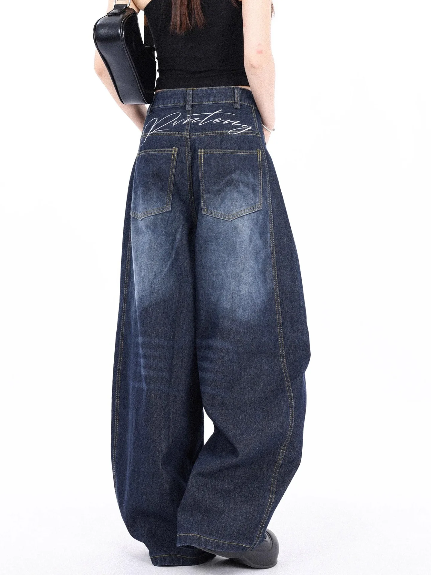 American Sle Vintage Waed Knife Denim Jeans Women's Spring Autumn Loose Wide Leg Banana Pants Floor Length