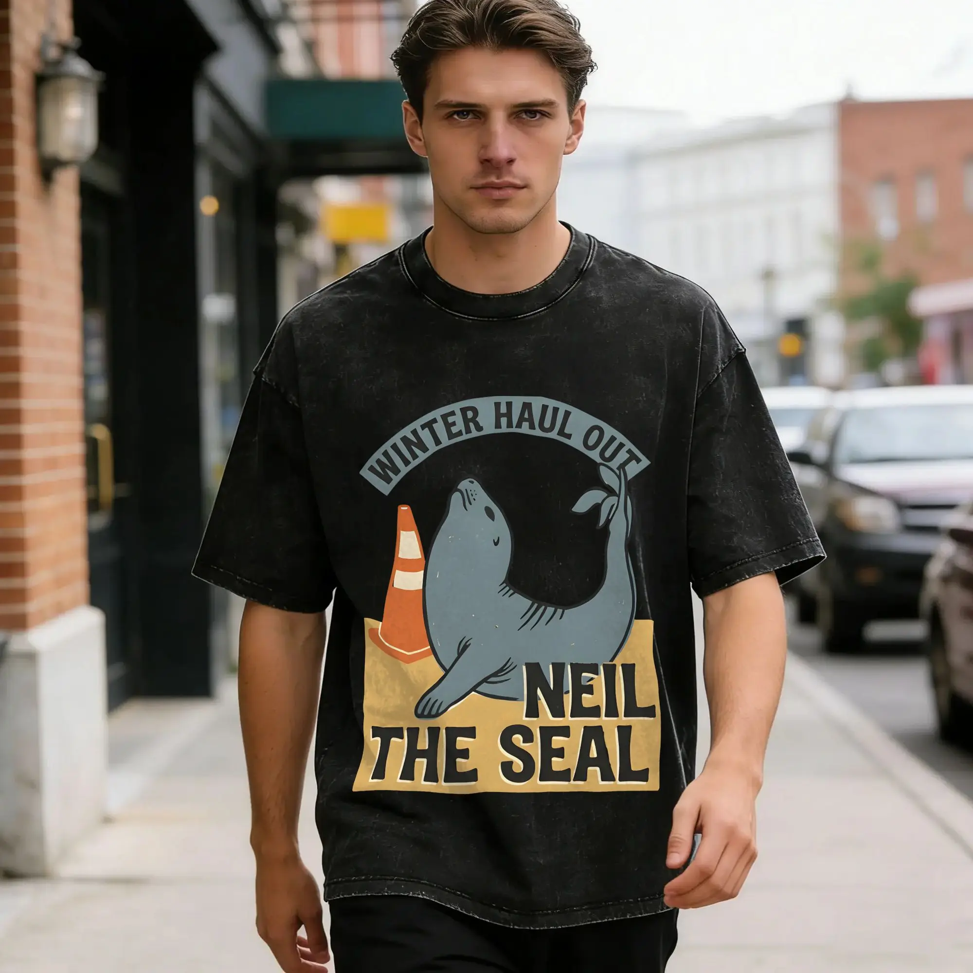 Oversized Washed T Shirt Neil the Seal  Cotton T Shirts  Hippie Tee Shirt for Man Summer Y2K Fun Pattern Top Tees