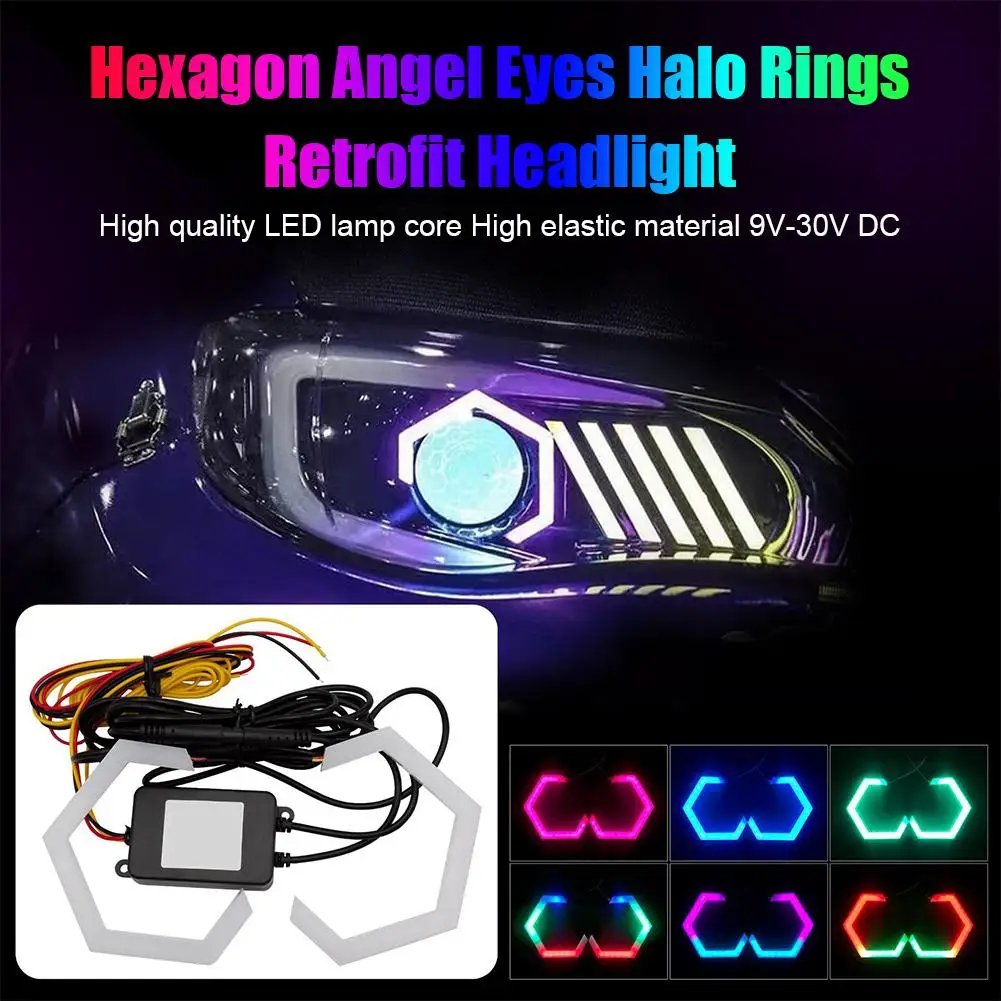 Universal Colorful LED Lights Angel Eye 9-30v Applicable Hexagonal Diamond Shaped Racing Headlights For Motorcycle Truck Ca O5K9