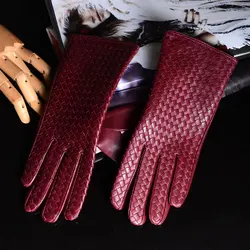 Women's 100% Real Leather Winter Warm Elegant Woven Design Lambskin Goatskin Classical Driving Riding Touch Screen Short Gloves