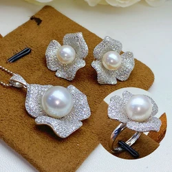 MeiBaPJ Natural Round Pearls Fashion Flower Jewelry Set DIY 925 Silver Pendant Earrings Ring Fine Wedding Jewelry for Women