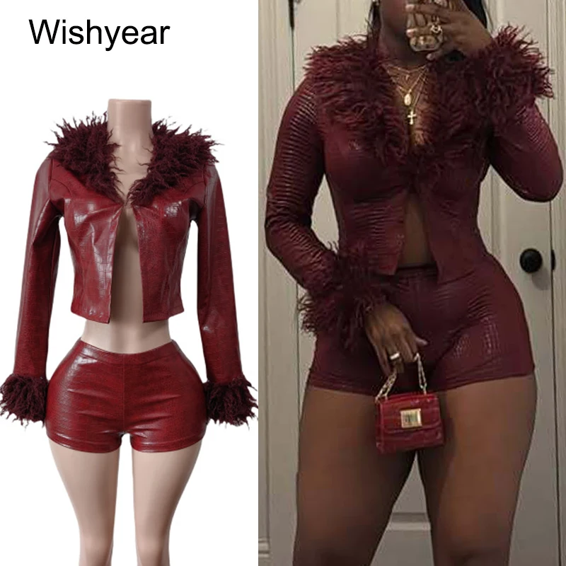 Conjunto de 2 piezas con diseño de serpiente de PU para mujer, chaqueta corta de manga larga con pelusa de plumas y pantalones cortos, traje de piel sintética