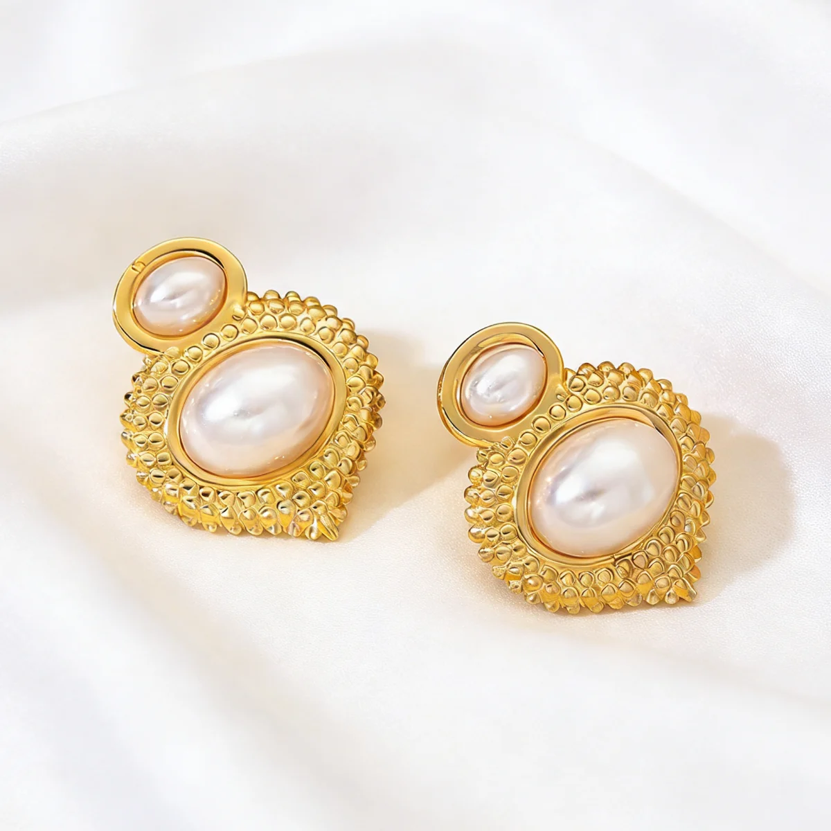 Luxury Gold Color Textured Double Imitation Pearl Earrings Frame Statement Studs For Women Daily & Party Wear All Season