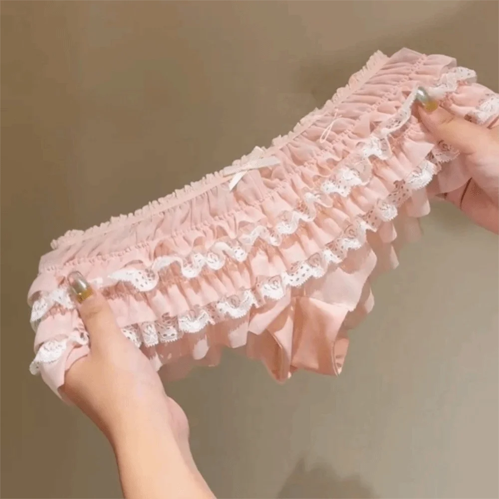 Princess Style Ruffle Lace Panties Bow Mesh Layered Cake Design Women's Underwear Low Waist Sweet Lace Briefs Daily Wear