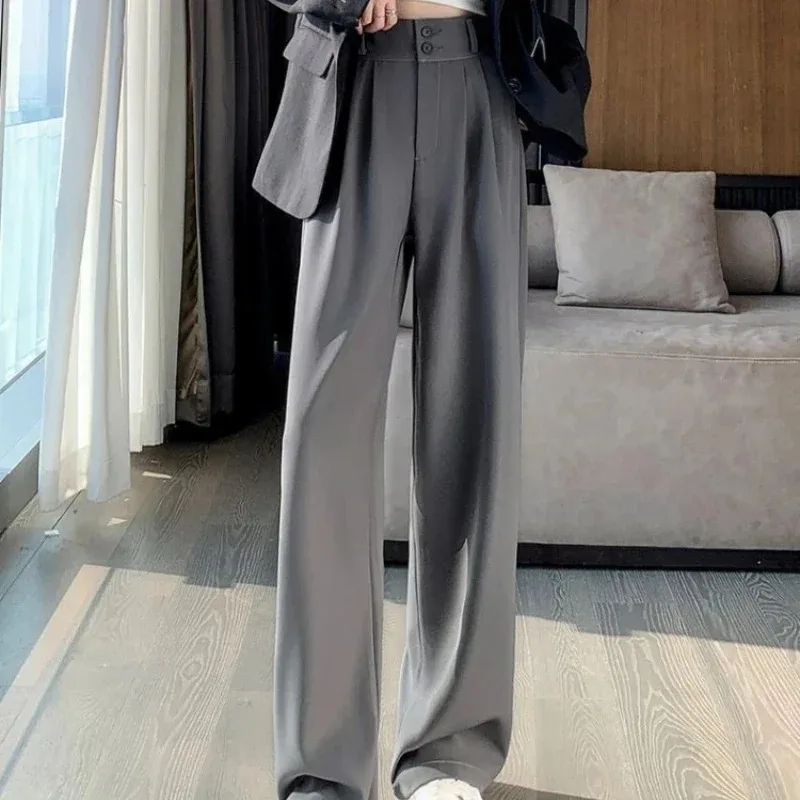 Deeptown Baggy Casual Woman Suits Pants Korean Fashion Office Ladies Wide Gray Trousers High Waist Summer Black Straight Slacks