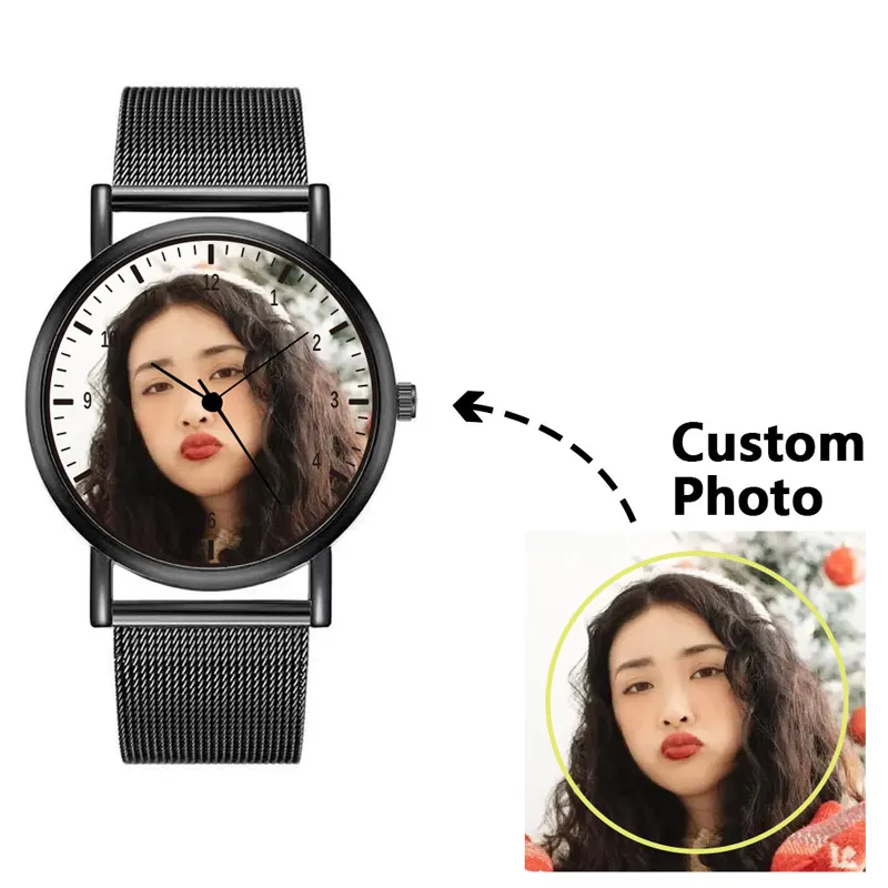 Fashion Brand Ultra-thin Stainless Steel Mesh Strap Quartz Watch for Couples Personalized Customization Photo Pattern Watches