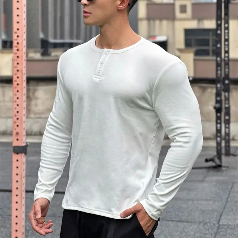 Spring and autumn new cashmere men's long sleeve T-shirt casual shirt button round fashion solid color T-shirt sports men's wear