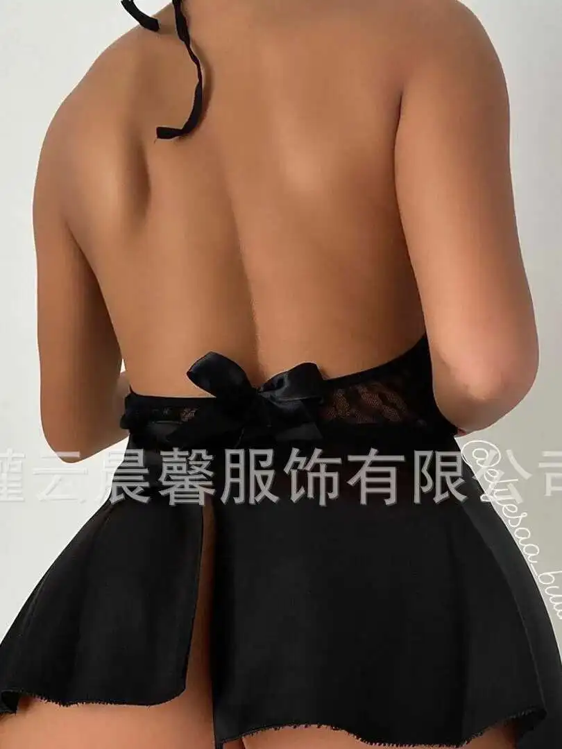 Sexy Solid Color Mesh Flower Print Dress Hanging Neck Backless Deep V Sleeveless Dress Charming Elegant Pure Desire Casual LBXC