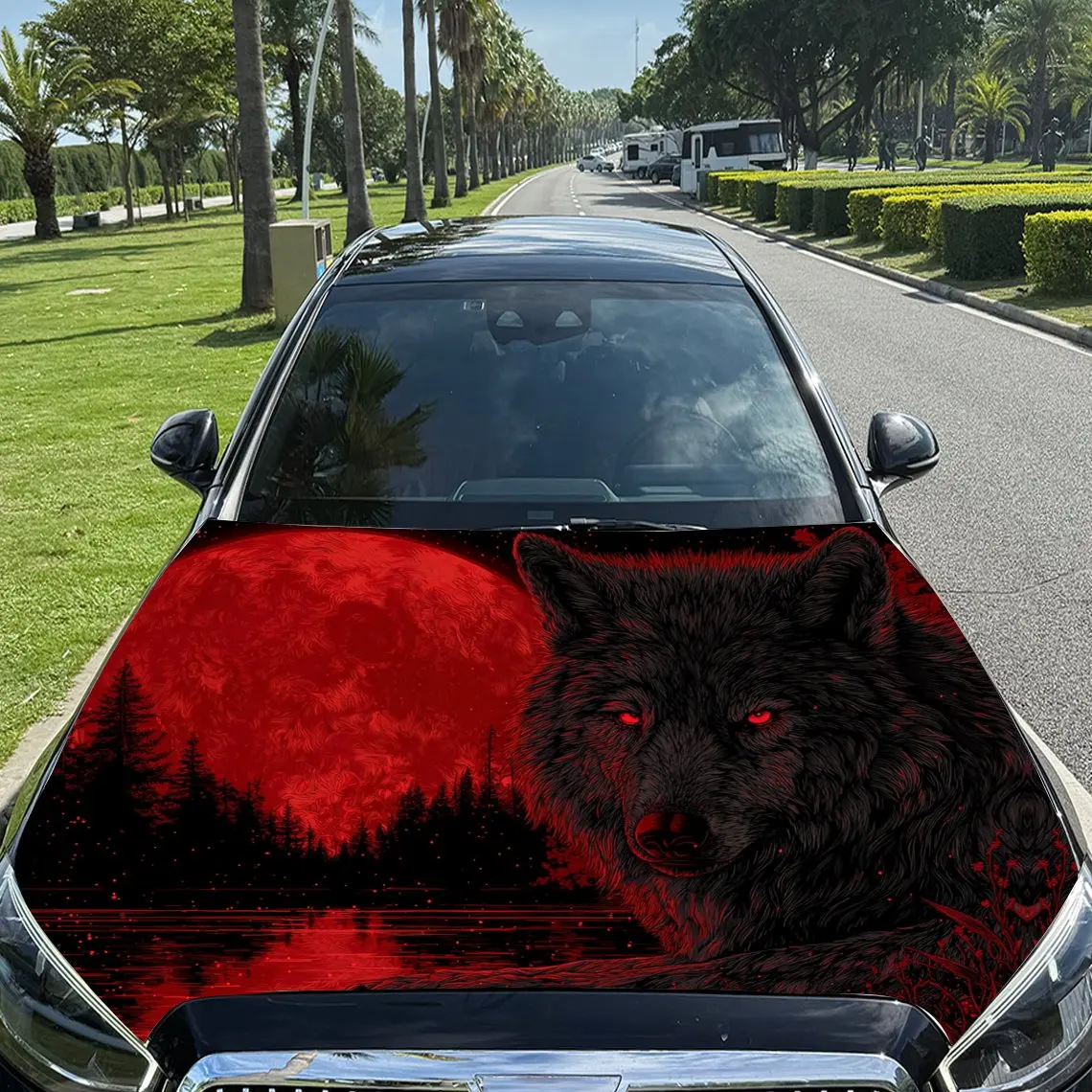

Ethereal Red Toned Wolf with Forest & Red Moon Car Vinyl Wrap, PVC Material Waterproof Car Hood Sticker, Self-Adhesive Scratch-R
