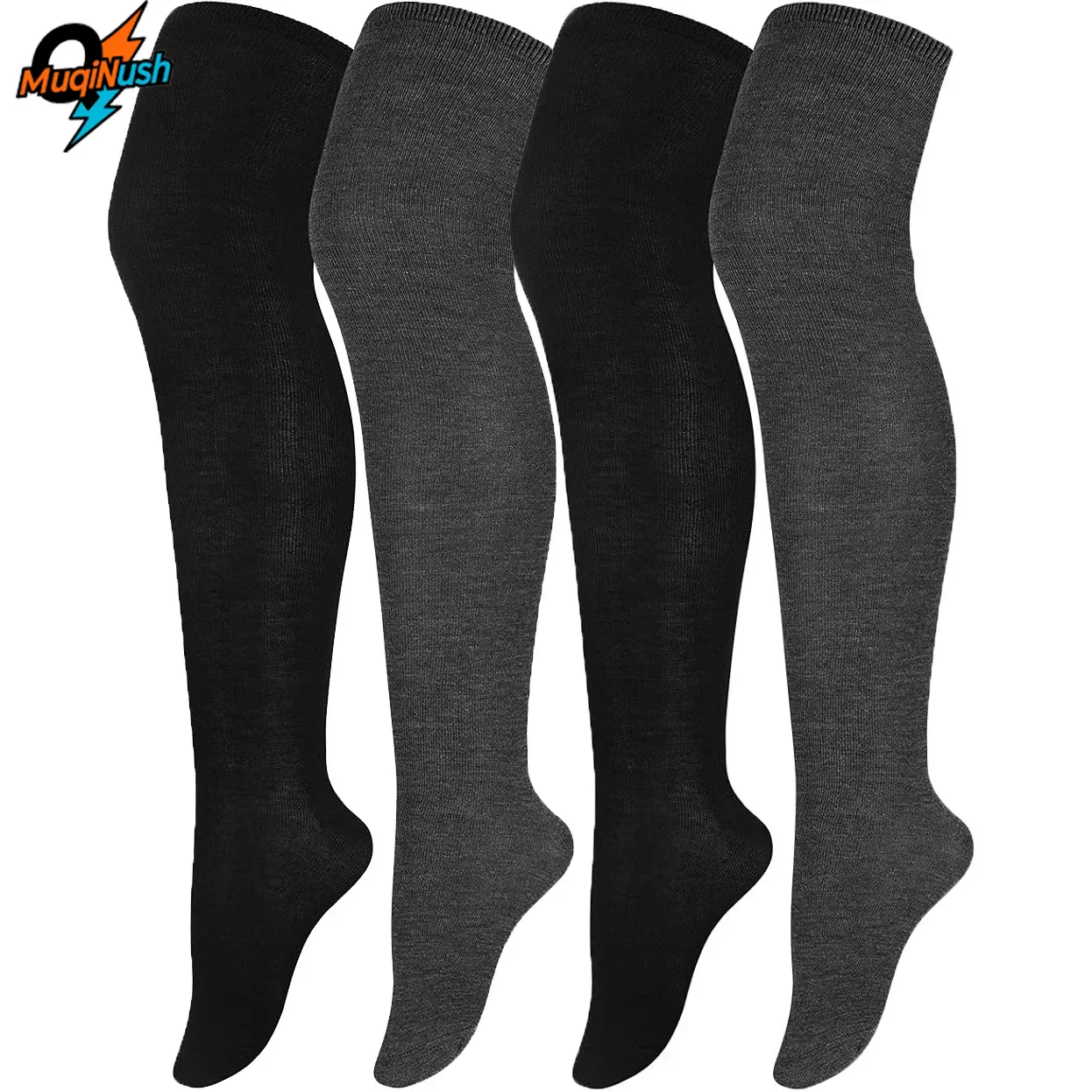 

MuqiNush 2 Pairs Women Thigh High Socks Extra Long Cotton Knit Warm Thick Tall Boot Stockings Leg Warmers, Black, Grey