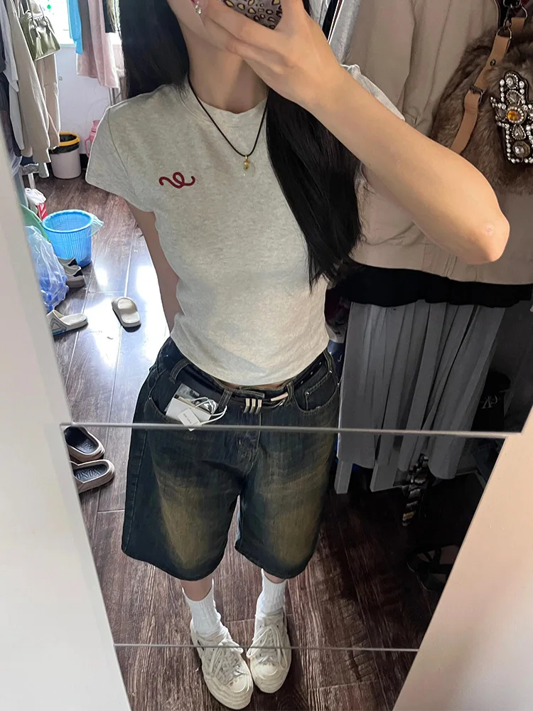 

American Retro Wide Leg Loose Denim Capri Pants Pants Y2K 2000s High Waist Jeans 2025 Korean Plus Size Women's Summer Pants