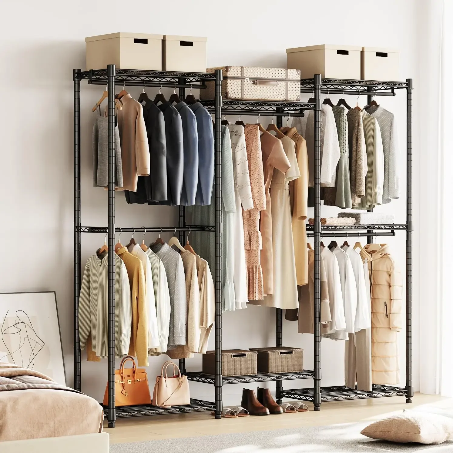 Clothes Rack, Heavy Duty Clothing Rack with 5 Hang Rods & 7 Shelves, Adjustable Closet Organizers and Storage Wardrobe