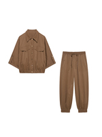 KUCLUT Women Fashion 2 Piece Set Brown Single Breasted Shirts & Vintage Elastic Waist Trousers Feamle Chic Lady Pants Sets