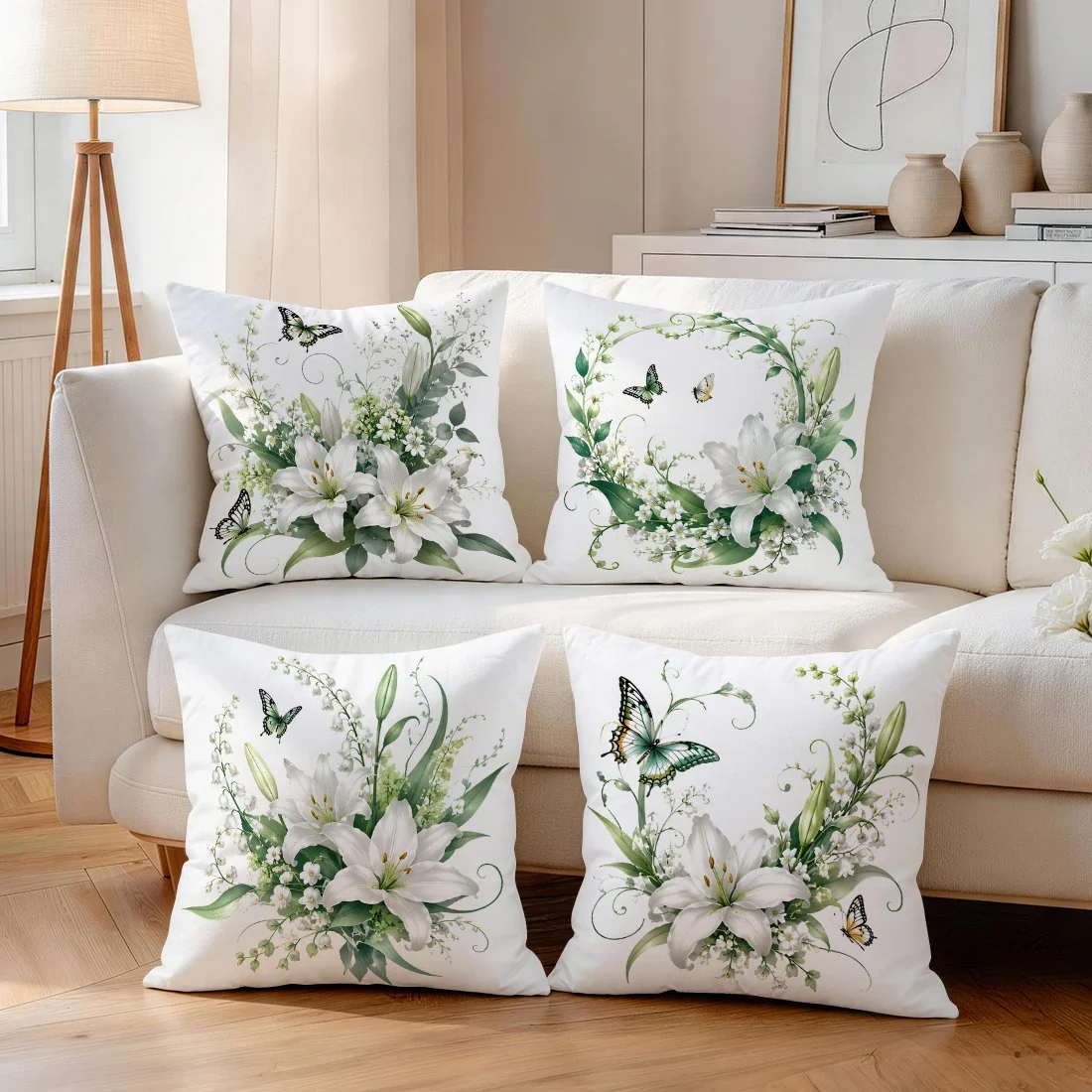 Watercolor White Lily Butterfly Cushions Pillowcase Polyester Cushion Cover Throw Pillow Pillowcover Home Car Sofa Decor