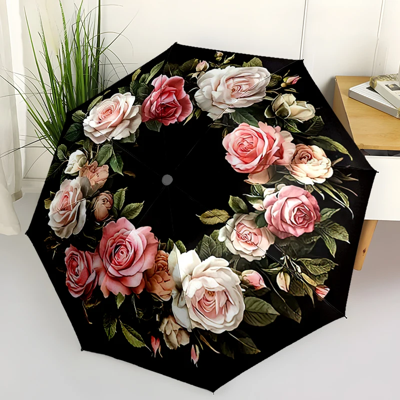

Fashion Flower Folding Umbrella - Stylish Automatic Opening Design 8 Iron Ribs Plastic Handles Foldable Parasol Perfect Gift