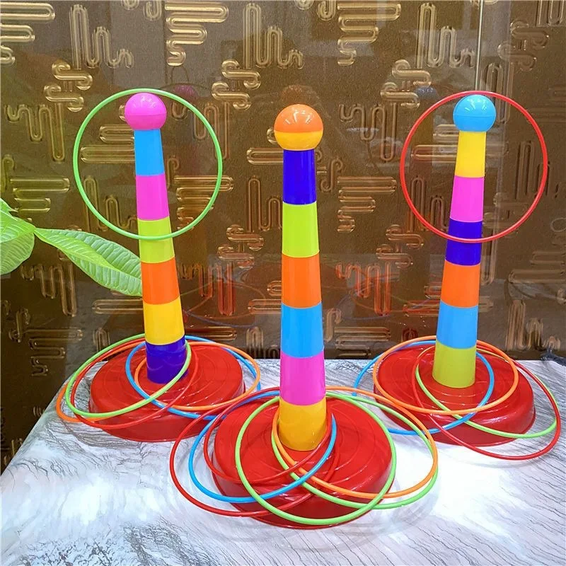 

Plastic Rings+Rainbow Tower Kids Ring Toss Booth Carnival Outdoor Sports Toys Throwing Speed Agility Training Games Random Color