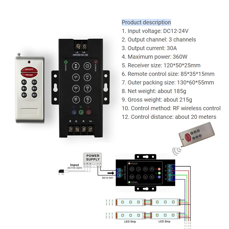 Nuovo Controller per strisce RGB a 8 pulsanti DC 12V 24V 30A RF telecomando senza fili Dimmer per 5050 2835 COB Color Module Light Lamp Bar