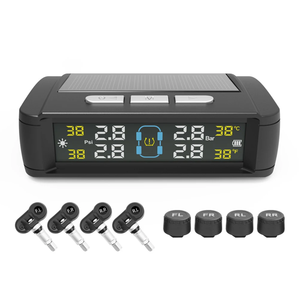 Tire Pressure Monitoring System Car TPMS 4 Sensors Solar/USB Powered Auto Security Alarm Systems Tyre Temperature Monitor
