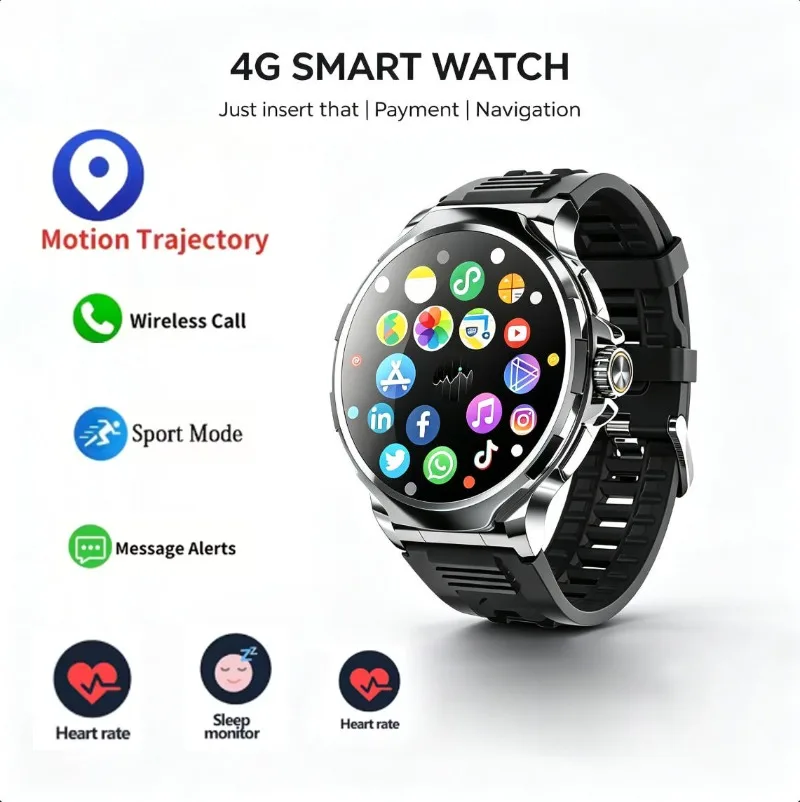 4G SIM Multifunctional Sports Smart Watch Curved Eye Care Display Big Storage Bluetooth Calls Social Apps Smart Notifications
