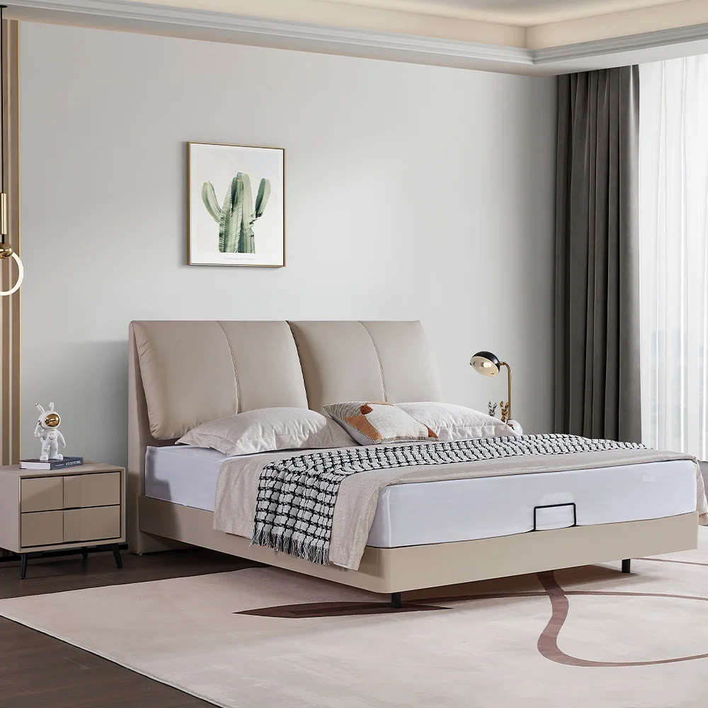 

Luxury King Size Bed Frame Modern Up-Holstered Bedroom Furniture With Storage Leather Upholstery Floating Bed Design