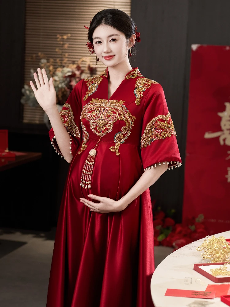 

Yourqipao New Chinese Wedding Toasting Evening Dress Women Xiuhe Suit for Pregnant Women Maternity Large Size Engagement Dress