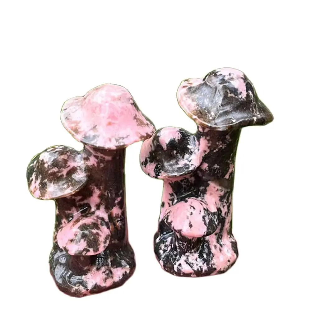 

50mm Semiprecious Stone Crafts Home Decor Natural Pink Rhodonite Carved Crystals Mushrooms For Gift